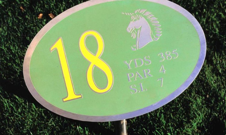 18th hole stainless reverse engraved, green and yellow backfill